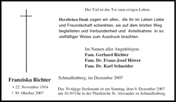 Traueranzeige von Franziska Richter von Tageszeitung