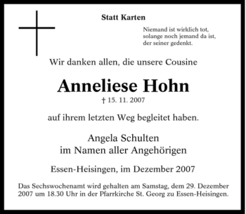 Traueranzeige von Anneliese Hohn von Tageszeitung