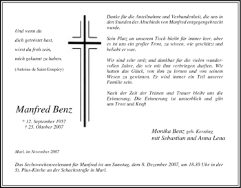 Traueranzeige von Manfred Benz von Tageszeitung