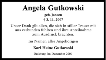 Traueranzeige von Angela Gutkowski von Tageszeitung