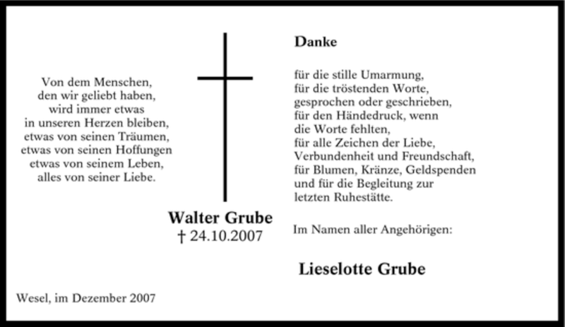  Traueranzeige für Walter Grube vom 01.12.2007 aus Tageszeitung