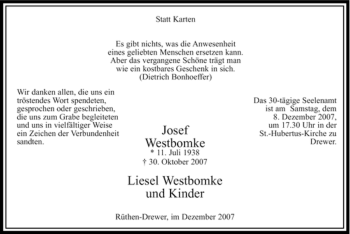 Traueranzeige von Josef Westbomke von Tageszeitung