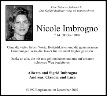 Traueranzeige von Nicole Imbrogno von Tageszeitung