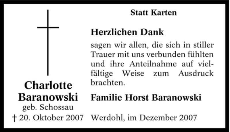  Traueranzeige für Charlotte Baranowski vom 03.12.2007 aus Tageszeitung