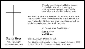 Traueranzeige von Franz Heer von Tageszeitung