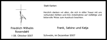 Traueranzeige von Friedrich Wilhelm Rosendahl von Tageszeitung