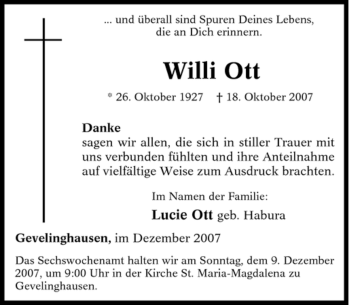 Traueranzeige von Willi Ott von Tageszeitung