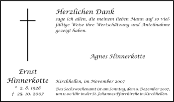Traueranzeige von Ernst Hinnerkotte von Tageszeitung