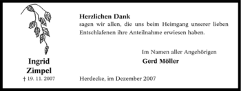 Traueranzeige von Ingrid Zimpel von Tageszeitung