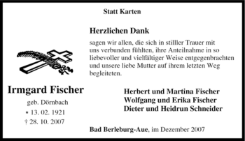 Traueranzeige von Irmgard Fischer von Tageszeitung
