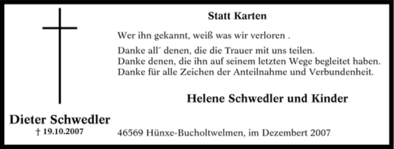  Traueranzeige für Dieter Schwedler vom 07.12.2007 aus Tageszeitung