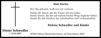 Traueranzeige von Dieter Schwedler von Tageszeitung