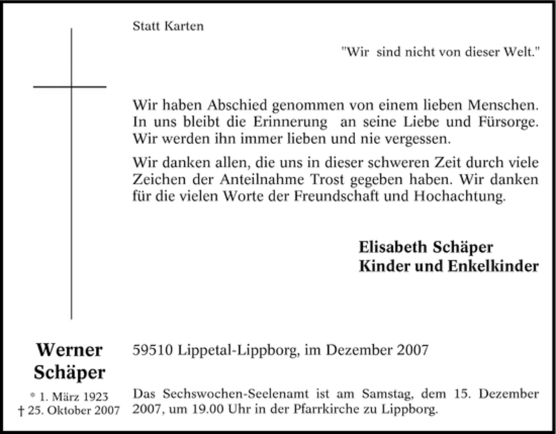  Traueranzeige für Werner Schäper vom 08.12.2007 aus Tageszeitung