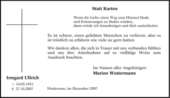 Traueranzeige von Irmgard Ullrich von Tageszeitung