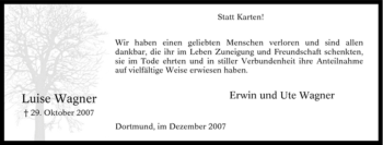 Traueranzeige von Luise Wagner von Tageszeitung