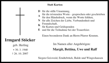 Traueranzeige von Irmgard Stöcker von Tageszeitung