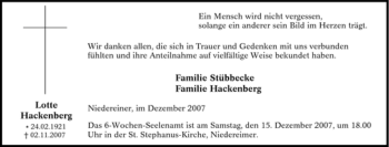 Traueranzeige von Lotte Hackenberg von Tageszeitung