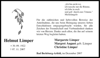 Traueranzeige von Helmut Limper von Tageszeitung