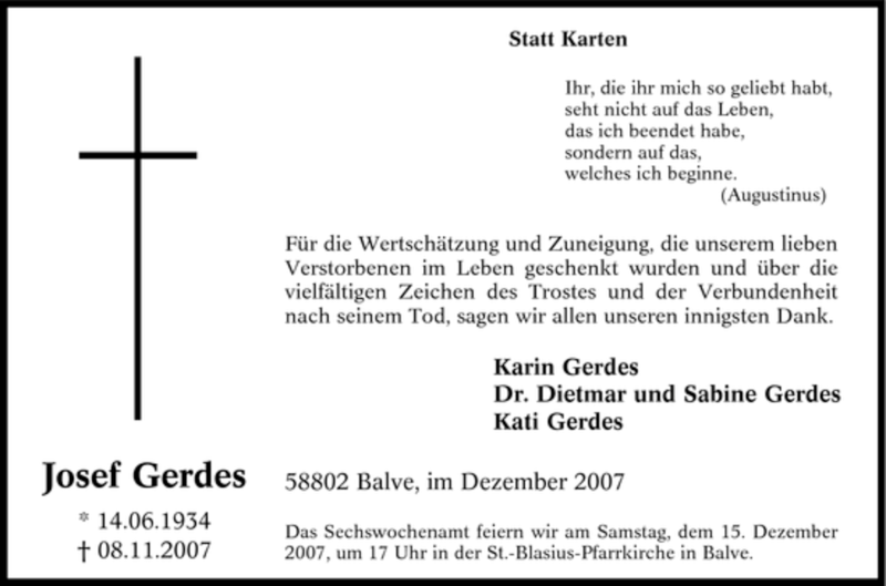  Traueranzeige für Josef Gerdes vom 08.12.2007 aus Tageszeitung