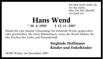 Traueranzeige von Hans Wend von Tageszeitung