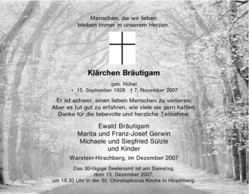 Traueranzeige von Klärchen Bräutigam von Tageszeitung