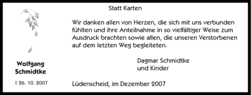  Traueranzeige für Wolfgang Schmidtke vom 08.12.2007 aus Tageszeitung