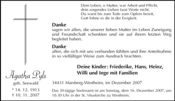 Traueranzeige von Agatha Pyls von Tageszeitung