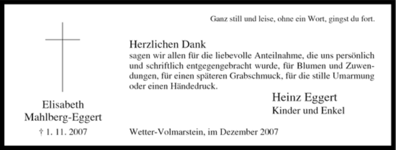  Traueranzeige für Elisabeth Mahlberg-Eggert vom 08.12.2007 aus Tageszeitung