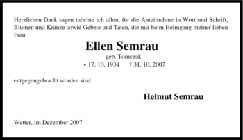 Traueranzeige von Ellen Semrau von Tageszeitung