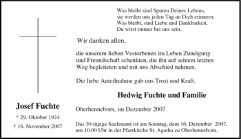 Traueranzeige von Josef Fuchte von Tageszeitung