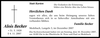 Traueranzeige von Alois Becker von Tageszeitung