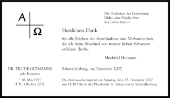 Traueranzeige von Trude Oltmanns von Tageszeitung