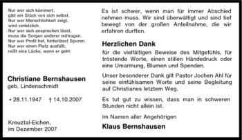 Traueranzeige von Christiane Bernshausen von Tageszeitung