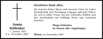 Traueranzeige von Armin Schlenker von Tageszeitung