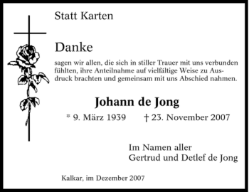 Traueranzeige von Johann de Jong von Tageszeitung