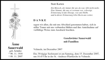 Traueranzeige von Änne Sauerwald von Tageszeitung