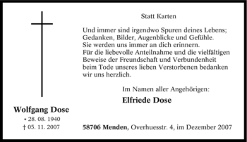 Traueranzeige von Wolfgang Dose von Tageszeitung