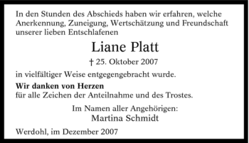 Traueranzeige von Liane Platt von Tageszeitung