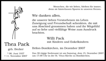 Traueranzeige von Thea Pack von Tageszeitung