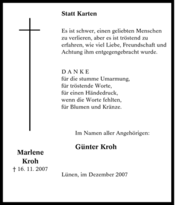 Traueranzeige von Marlene Kroh von Tageszeitung