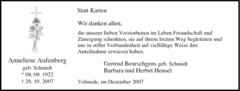Traueranzeige von Anneliese Aufenberg von Tageszeitung