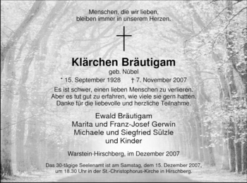 Traueranzeige von Klärchen Bräutigam von Tageszeitung