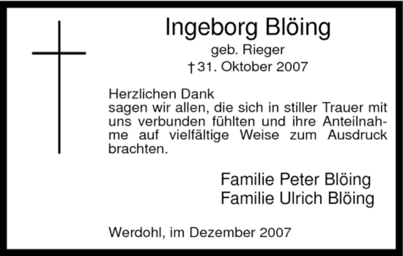  Traueranzeige für Ingeborg Blöing vom 08.12.2007 aus Tageszeitung