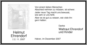 Traueranzeige von Helmut Ehrendorf von Tageszeitung