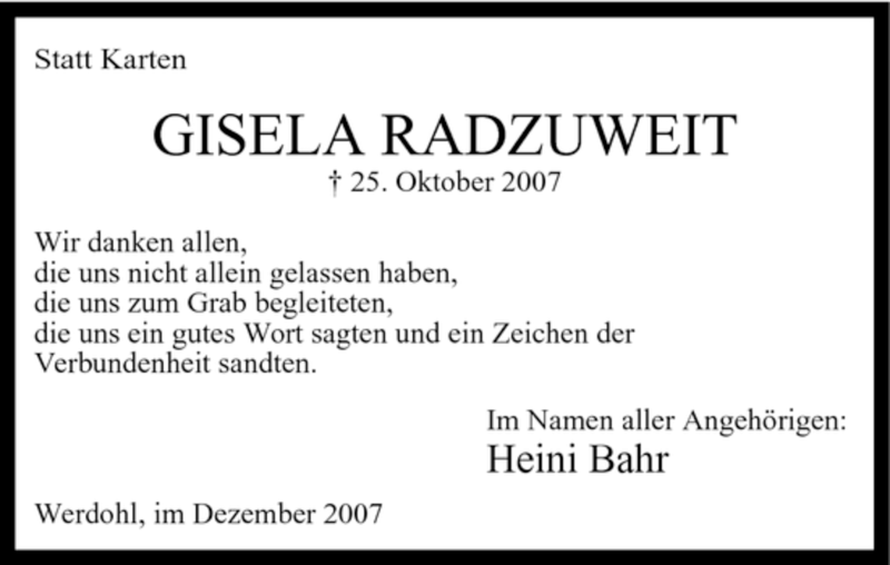  Traueranzeige für Gisela Radzuweit vom 08.12.2007 aus Tageszeitung