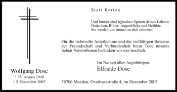 Traueranzeige von Wolfgang Dose von Tageszeitung