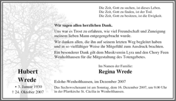 Traueranzeige von Hubert Wrede von Tageszeitung