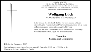 Traueranzeige von Wolfgang Lück von Tageszeitung