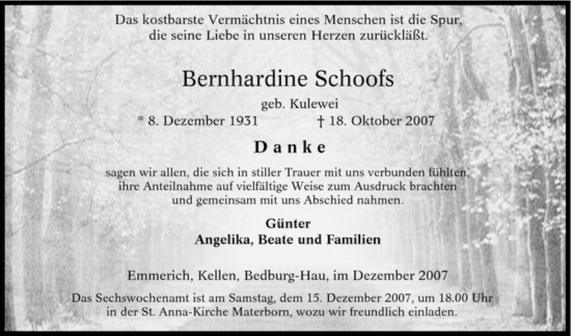  Traueranzeige für Bernhardine Schoofs vom 10.12.2007 aus Tageszeitung