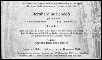 Traueranzeige von Bernhardine Schoofs von Tageszeitung